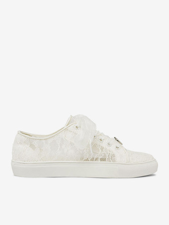 女性のウェディング シューズ メタル ディテール キャンバス ラウンド トゥ フラット ブライダル スニーカー シューズ