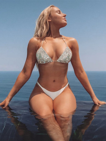 ホワイト ラインストーン グリッター トライアングル セクシー ビキニ 水着 サマー ビーチ スイムウェア