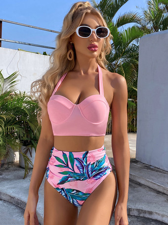 Two Piece Vintage Swimsuits Pink Printed Pattern Lace Up Square Neck Backless Summer Beach Bathing Suits For Women