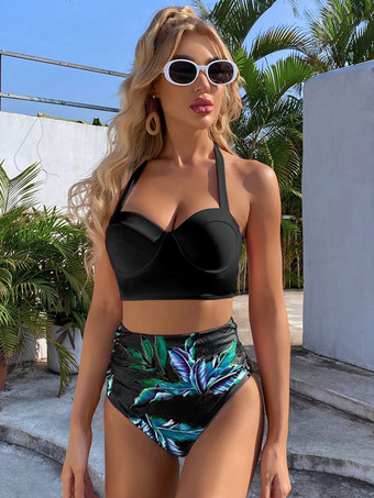 ブラック ツーピースヴィンテージ水着ピンクプリント柄レースアップスクエアネックバックレス夏ビーチ水着女性のための