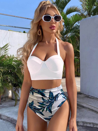 ホワイト ツーピースヴィンテージ水着ピンクプリント柄レースアップスクエアネックバックレス夏ビーチ水着女性のための