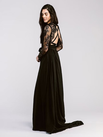 黒のウェディングドレスレース A ライン長袖花嫁衣装トレーン無料カスタマイズ