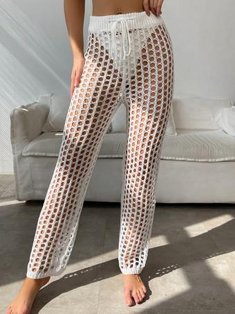 Women Cover Ups White Cut Out Stretch Cotton Summer Sexy Bathing Suits Long  Pants 