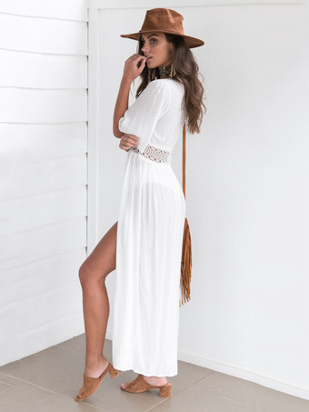 マキシドレス半袖ストラップレスレースアップカットアウト結び目ポリエステル白い床の長さのドレス