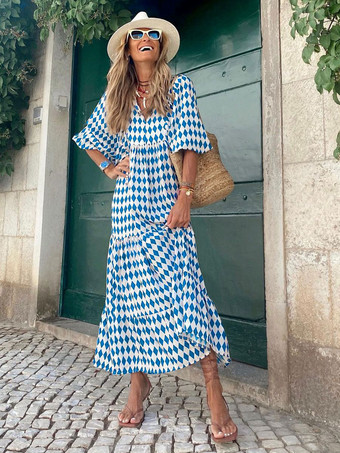 ブルー ジュエルネック マキシドレス 7分袖 カジュアル フローラルプリント ロングドレス