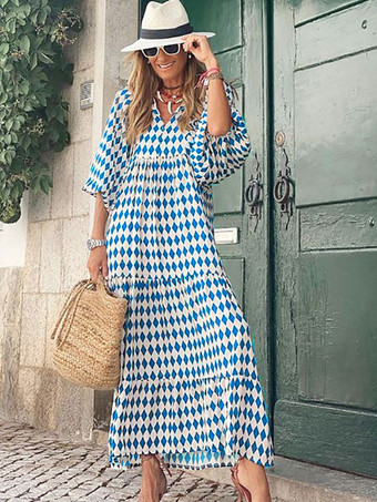 ジュエルネック マキシドレス 7分袖 カジュアル フローラルプリント ロングドレス