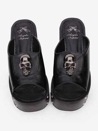 ゴシックロリータサンダルメ​​タリックスカルリベットプラットフォームブラックロリータハイヒールスリッパ