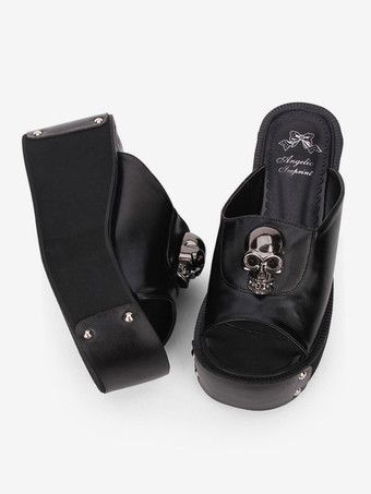 ゴシックロリータサンダルメ​​タリックスカルリベットプラットフォームブラックロリータハイヒールスリッパ