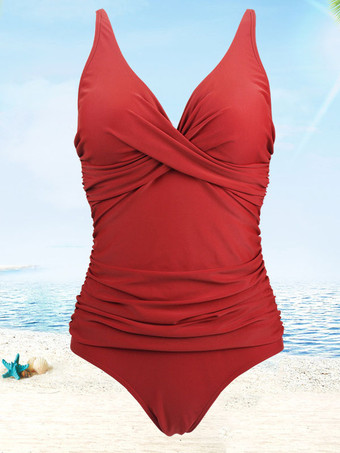 女性ワンピース水着ネイビープリーツVネック非対称レイズドウエストライクラスパンデックスサマービーチ水着