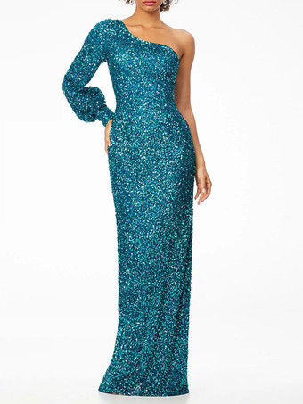 ブルーグリーンプロムドレスマーメイドワンショルダースパンコールノースリーブスパンコール結婚式のゲストドレス無料カスタマイズ