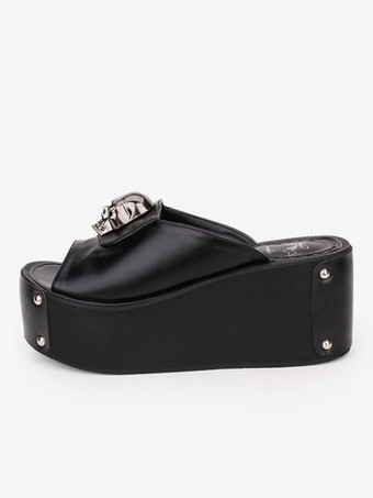 ゴシックロリータサンダルメ​​タリックスカルリベットプラットフォームブラックロリータハイヒールスリッパ