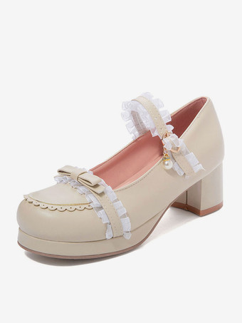 Sweet Lolita Shoes Lace Pearl Bow Round Toe Leather Lolita Pumps
