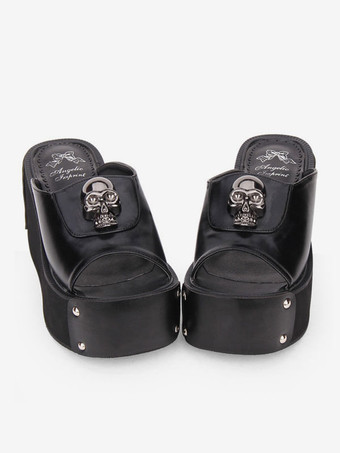 ブラック ゴシックロリータサンダルメ​​タリックスカルリベットプラットフォームブラックロリータハイヒールスリッパ