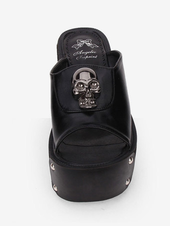 ゴシックロリータサンダルメ​​タリックスカルリベットプラットフォームブラックロリータハイヒールスリッパ