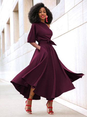 Burgundy Party Dresses Green Asymmetrical Neck Sash Short Sleeves Layered Semi Formal Dress
