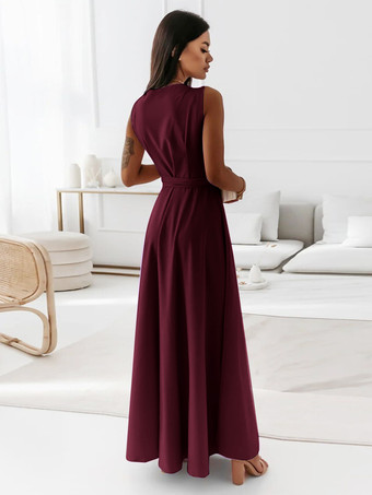 V ネック ドレス レースアップ ノースリーブ レイヤード プロム マキシ ドレス ワインレッド