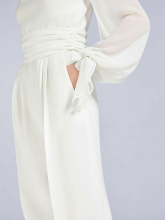 アイボリー ブライダル ジャンプスーツポケット マキシレングス Aライン ジュエル ネック 長袖 ウェディング ジャンプスーツ 自由なカスタマイズ