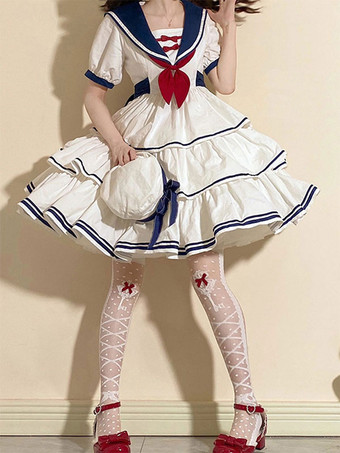 スウィートロリータドレス ポリエステル ショートスリーブドレス ネイビースタイルロリータドレス