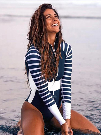 女性ワンピース水着ホワイトストライプジッパーハイカラーレイヤード夏セクシー水着