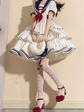 スウィートロリータドレス ポリエステル ショートスリーブドレス ネイビースタイルロリータドレス