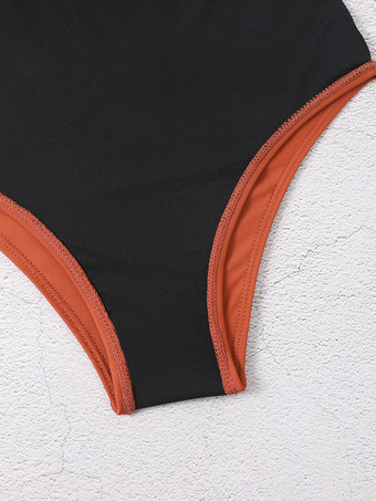 女性のためのワンピース水着ブラックストライプジッパーハイカラーレイヤード夏セクシー水着