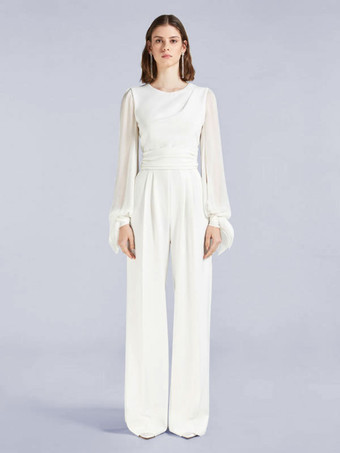 アイボリー ブライダル ジャンプスーツポケット マキシレングス Aライン ジュエル ネック 長袖 ウェディング ジャンプスーツ 自由なカスタマイズ
