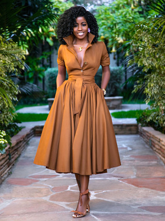 ミディシャツドレス オレンジ スタンドカラー サッシュ 半袖 レイヤードドレス