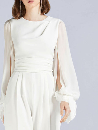 アイボリー ブライダル ジャンプスーツポケット マキシレングス Aライン ジュエル ネック 長袖 ウェディング ジャンプスーツ 自由なカスタマイズ