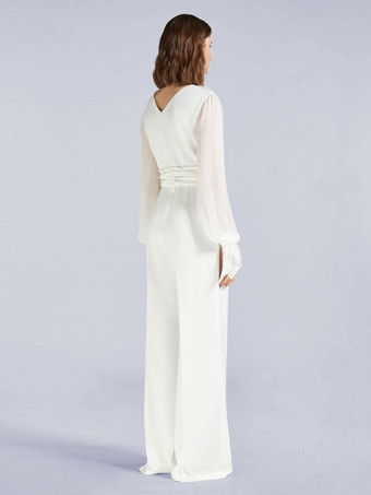 アイボリー ブライダル ジャンプスーツポケット マキシレングス Aライン ジュエル ネック 長袖 ウェディング ジャンプスーツ 自由なカスタマイズ