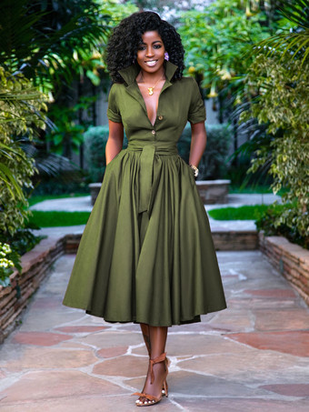 ハンターグリーン ミディシャツドレス オレンジ スタンドカラー サッシュ 半袖 レイヤードドレス