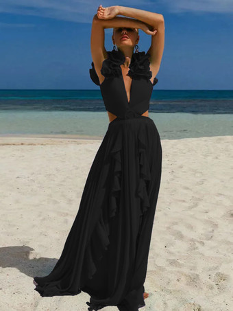 ブラック 女性のためのモノキニ水着セット フリル V ネック夏のセクシーな水着