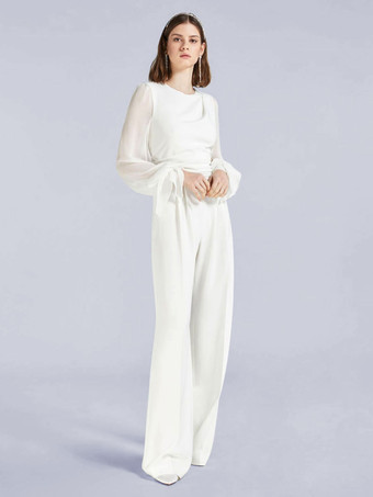 Ivory Bridal Jumpsuit 2024 Pockets Floor-Length A-Line Jewel Neck Long Sleeves Wedding Jumpsuit Free Customization