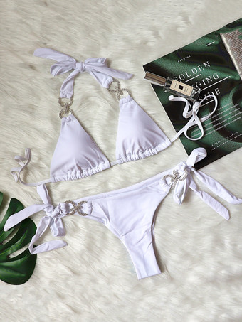 女性ツーピース水着ホワイトストラップネックサマービーチ水着