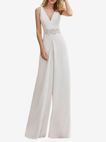 Ivory Wedding Jumpsuit V-Neck Ankle Length Sleeveless Stretch Crepe Zipper Cut Out Bridal Jumpsuits Free Customization