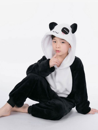 negro Onesie Kigurumi Pijamas para niños Poliéster Negro Blanco Dos tonos Panda Pijamas Disfraz