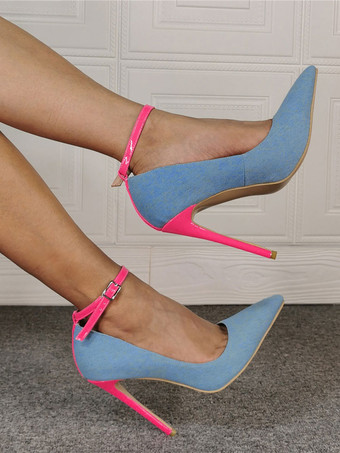 デニム ハイヒール レディース ポインテッドトゥ スティルトヒール プラスサイズ アンクルストラップパンプス