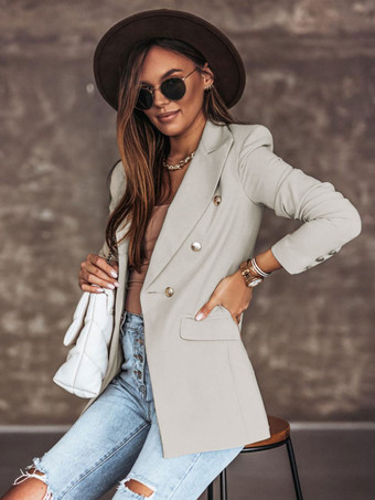 Blazer Jacket White Solid Color Turndown Collar Double Breasted Slim Fit Spring Fall Chic Street Outerwear For Women