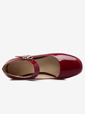 パンプス スクエアトゥ ミッドローヒールシューズ チャンキーヒール 5.5cm ワインレッド シューズ 靴の甲の素材：パテント PU 無地 メリージェーンシューズ レトロシューズ オフィス レディース靴