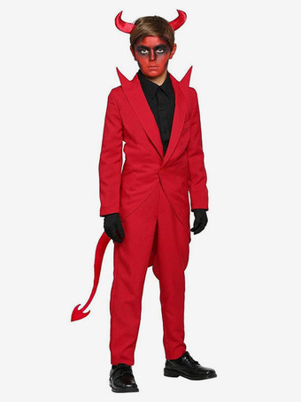 キッズハロウィンコスチュームレッドデビルポリエステルトップヘッドウェアボーイズコスプレコスチュームフルセット