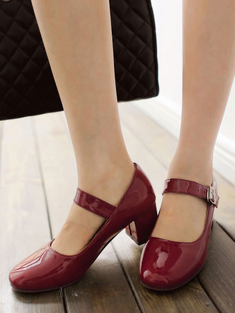 パンプス スクエアトゥ ミッドローヒールシューズ チャンキーヒール 5.5cm ワインレッド シューズ 靴の甲の素材：パテント PU 無地 メリージェーンシューズ レトロシューズ オフィス レディース靴