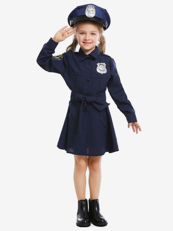 Kids Carnival Costumes Dark Navy Cop Uniform Clothes Dress With Sash Cosplay Wears For Child