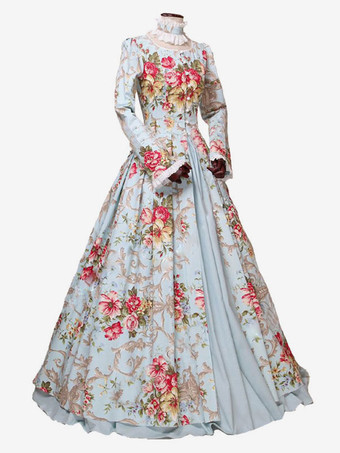 プリンセス 女性用 貴族ドレス 中世 ドレス ライトスカイブルー 長袖 ポリエステル 綿じゅす ダンスパーティー チョーカー ドレス ヴィンテージ 中世 ドレス・貴族ドレス ヨーロッパ　宮廷風 レトロコスチューム コスチューム コスチューム