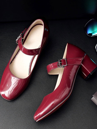 パンプス スクエアトゥ ミッドローヒールシューズ チャンキーヒール 5.5cm ワインレッド シューズ 靴の甲の素材：パテント PU 無地 メリージェーンシューズ レトロシューズ オフィス レディース靴