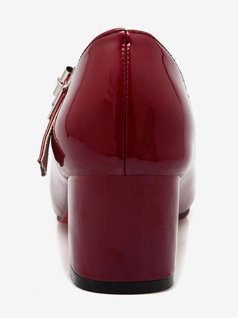 パンプス スクエアトゥ ミッドローヒールシューズ チャンキーヒール 5.5cm ワインレッド シューズ 靴の甲の素材：パテント PU 無地 メリージェーンシューズ レトロシューズ オフィス レディース靴