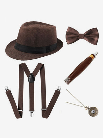 ブラウン ハロウィンアクセサリーメンズ5ピースセットベレーシガー蝶ネクタイコスプレ衣装アクセサリー