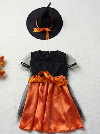 ハロウィン 魔女の衣装子供ハロウィンオレンジのチュールドレスと帽子小さな女の子のための