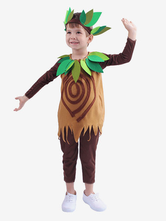 子供のためのハロウィンコスチュームコーヒーブラウンポリエステルツリージャンプスーツチョッキ