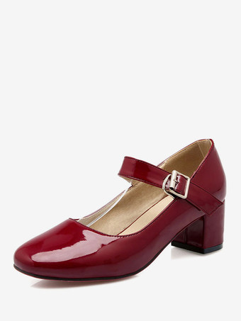 Women's Block Heel Pumps Patent Mary Jane Square Toe Low Heel Shoes in Burgundy Vintage Shoes