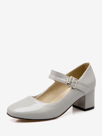 グレー パンプス スクエアトゥ ミッドローヒールシューズ チャンキーヒール 5.5cm ワインレッド シューズ 靴の甲の素材：パテント PU 無地 メリージェーンシューズ レトロシューズ オフィス レディース靴