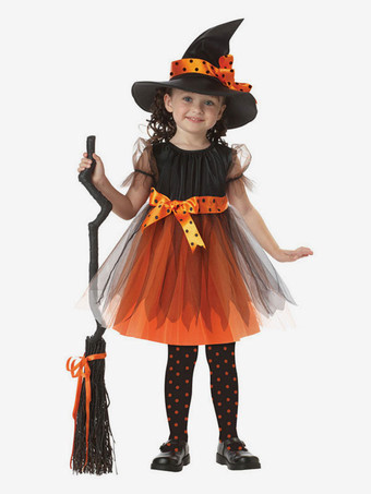 Costume De Sorcière Enfants Déguisements Halloween Robes De Tulle Orange Et Chapeau Pour Les Petites Filles Robe de Princesse Fille
